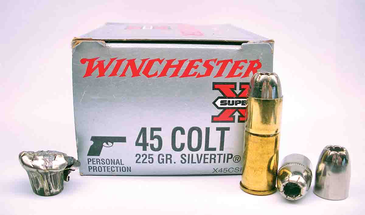 The Winchester .45 Colt 225-grain Silvertip factory load is intended for personal defense but makes an excellent small-game and varmint load. A bullet (left) recovered from a juniper stump penetrated 11 inches and weighs 198 grains.